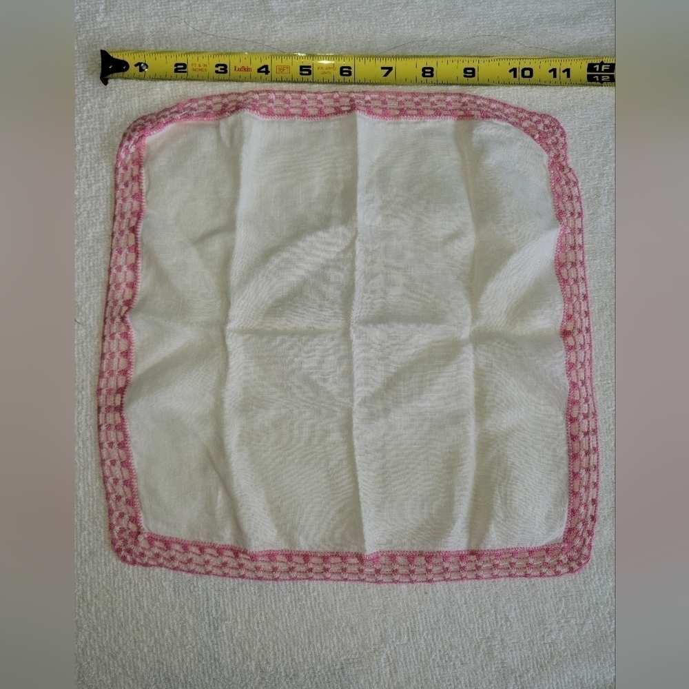 Antique Vintage Handkerchief White  Pink and White Crocheted Hanky Pocket Square